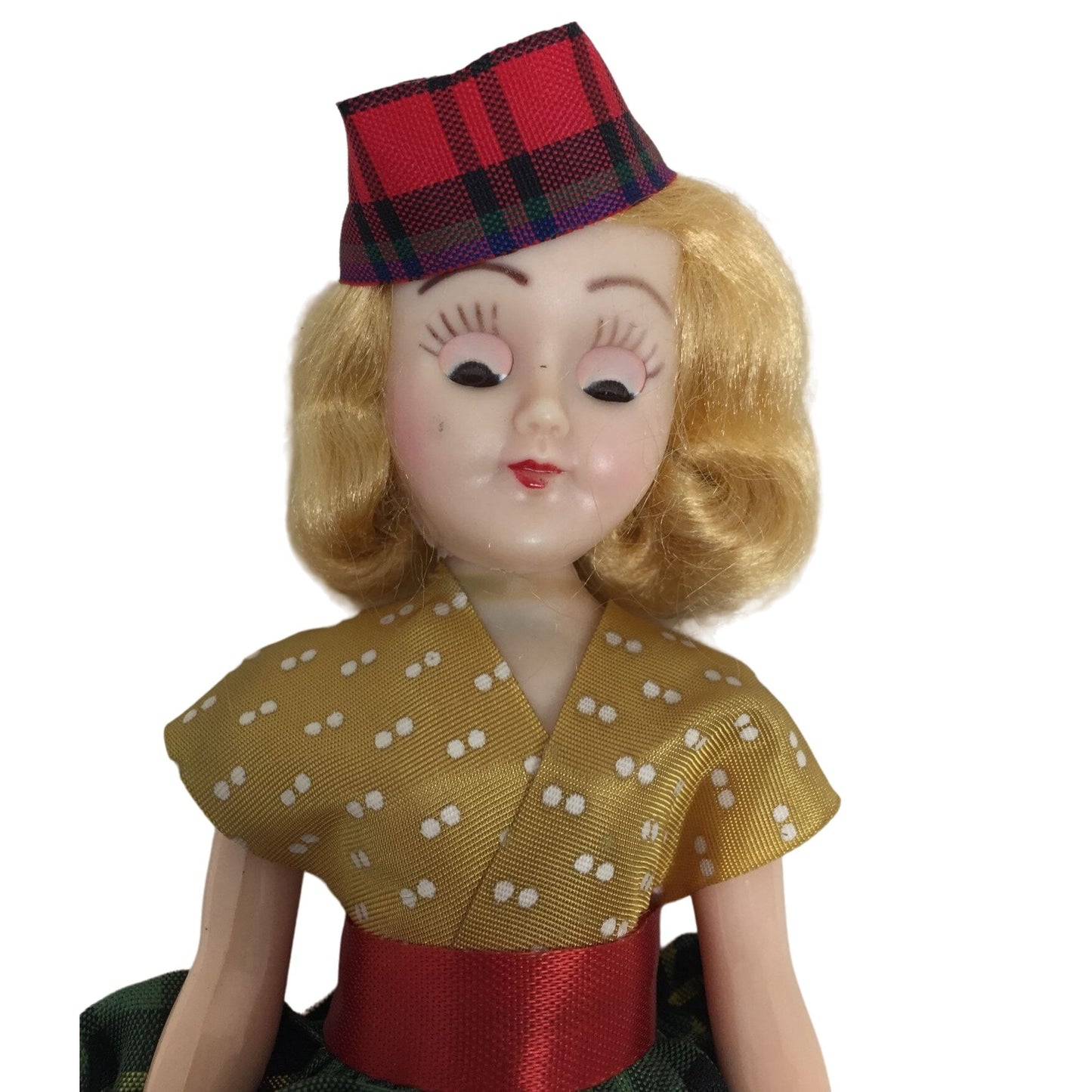 Vintage Collectible Doll with Blonde Hair, Plaid Dress and Hat