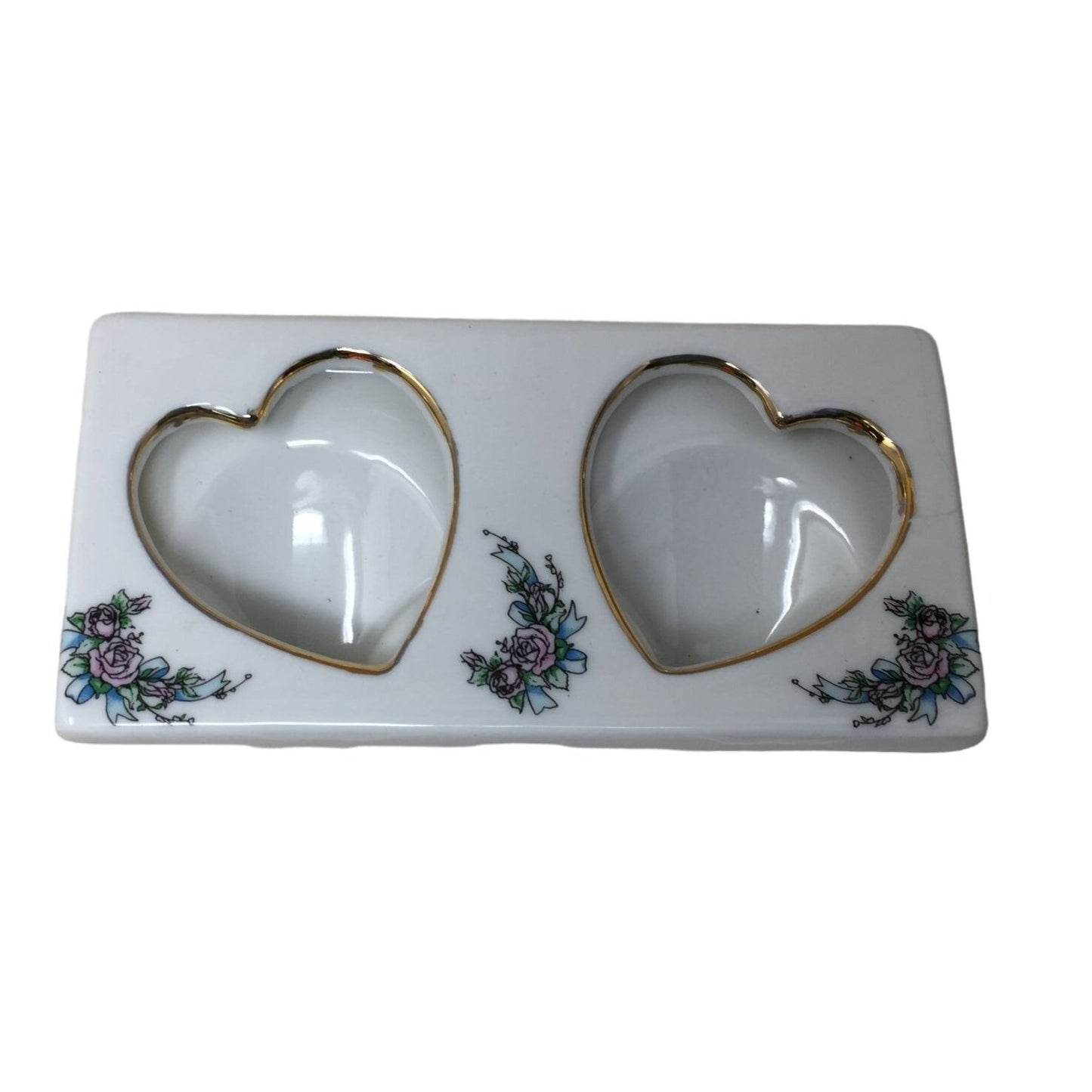 Ceramic Heart Trinket Dish/Jewelry Holder with Two Hearts/Flower print