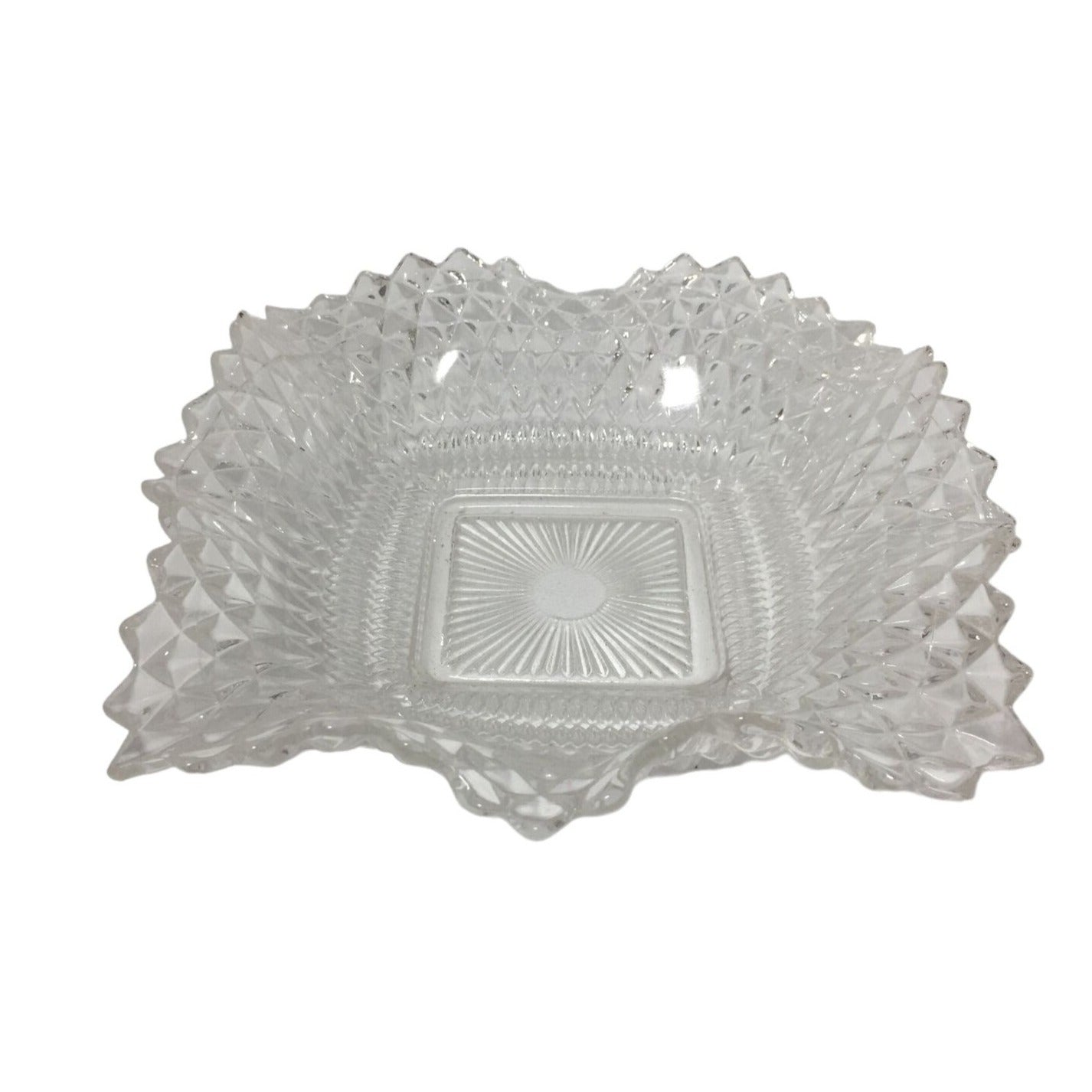 Vintage Indiana Glass Co Diamond Cut Design Square Dish w/ ruffled Edges