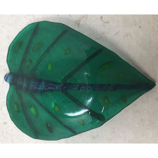 Handmade Art Glass Green, Blue, Yellow Shiny Leaf Dish- Made in 2006- Writing on bottom