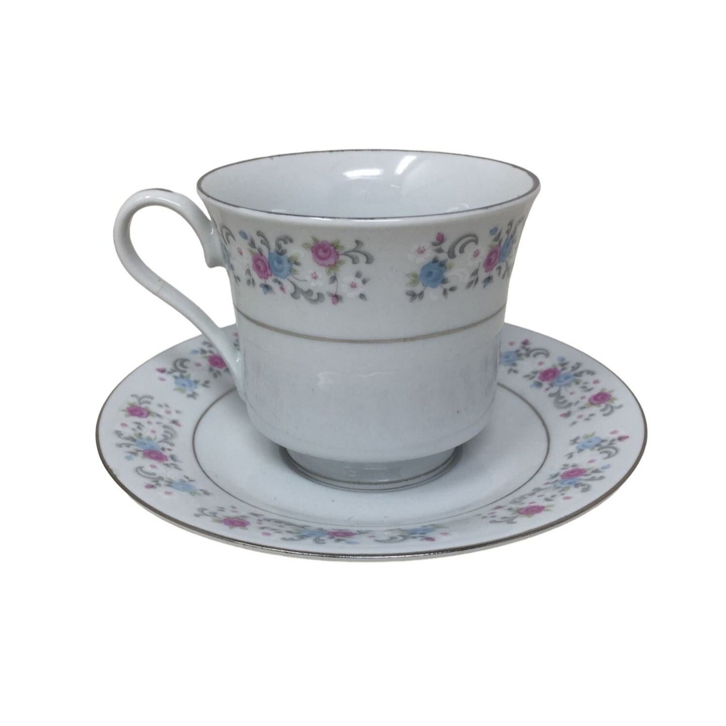 F.T.D.A 1987 Teacup and Saucer Set with Pink/Blue Flowers printed on both