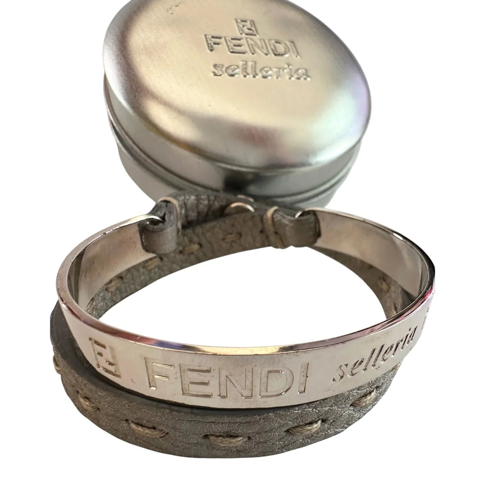 Fendi Selleria Silver Tone Metallic Cuff with Gray Leather Double Wrap Bracelet - Fendi - Bracelet - A+ Stuff