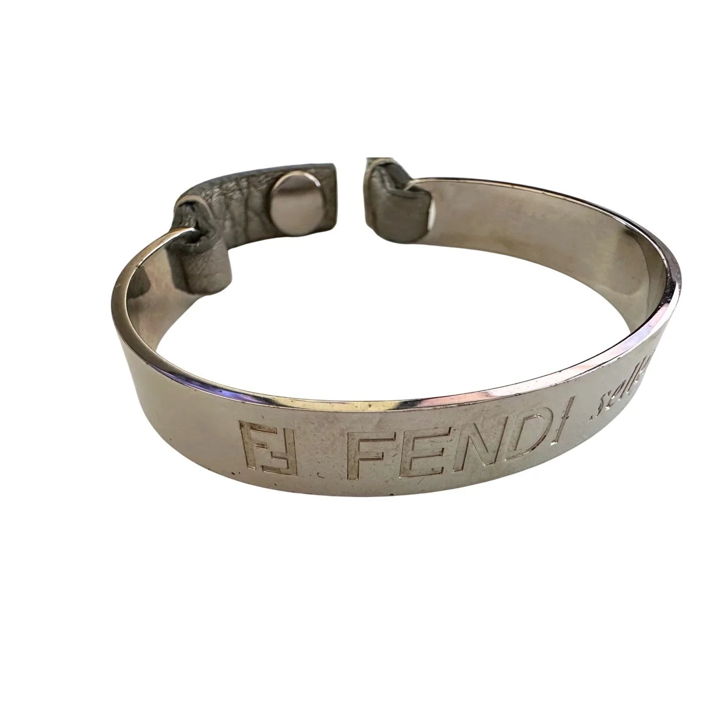 Fendi Selleria Silver Tone Metallic Cuff with Gray Leather Double Wrap Bracelet - Fendi - Bracelet - A+ Stuff