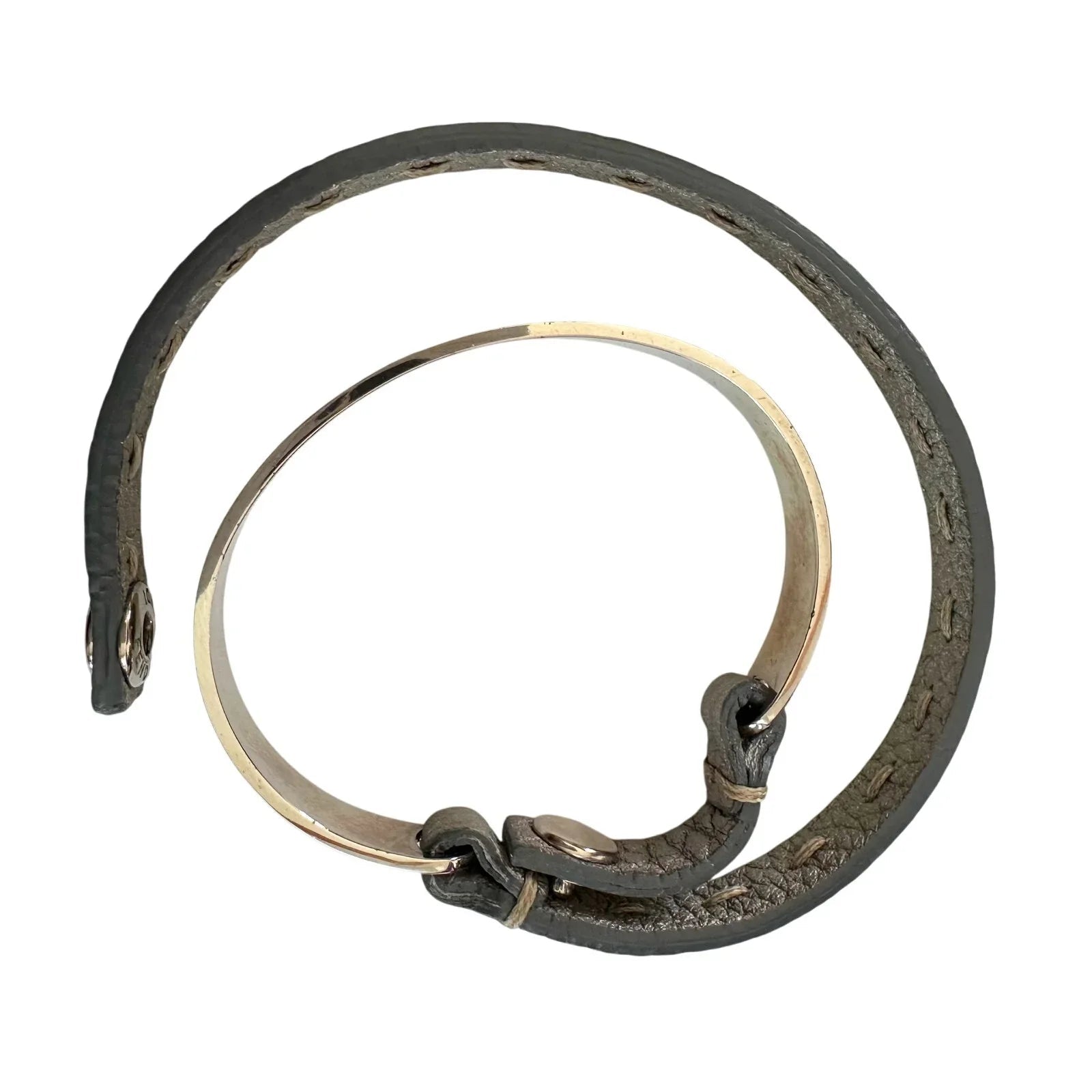 Fendi Selleria Silver Tone Metallic Cuff with Gray Leather Double Wrap Bracelet - Fendi - Bracelet - A+ Stuff