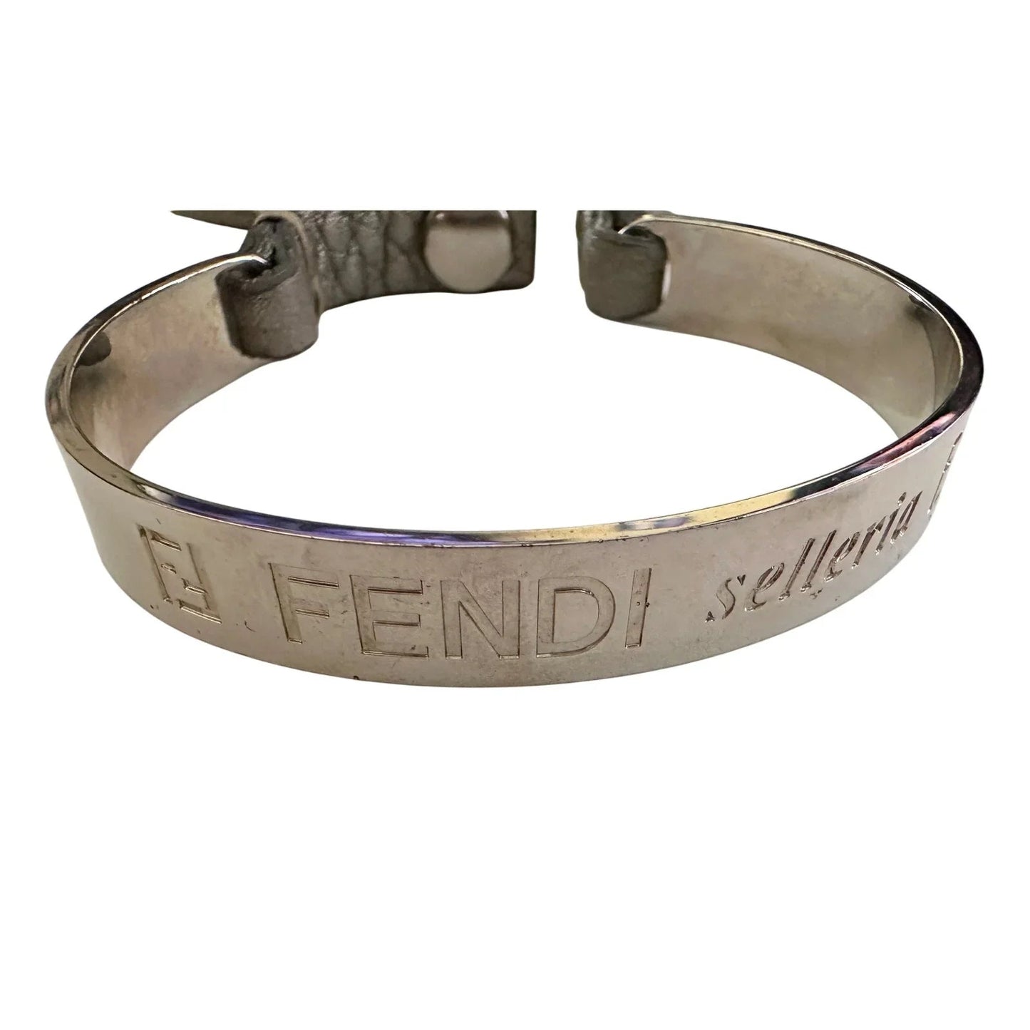Fendi Selleria Silver Tone Metallic Cuff with Gray Leather Double Wrap Bracelet - Fendi - Bracelet - A+ Stuff