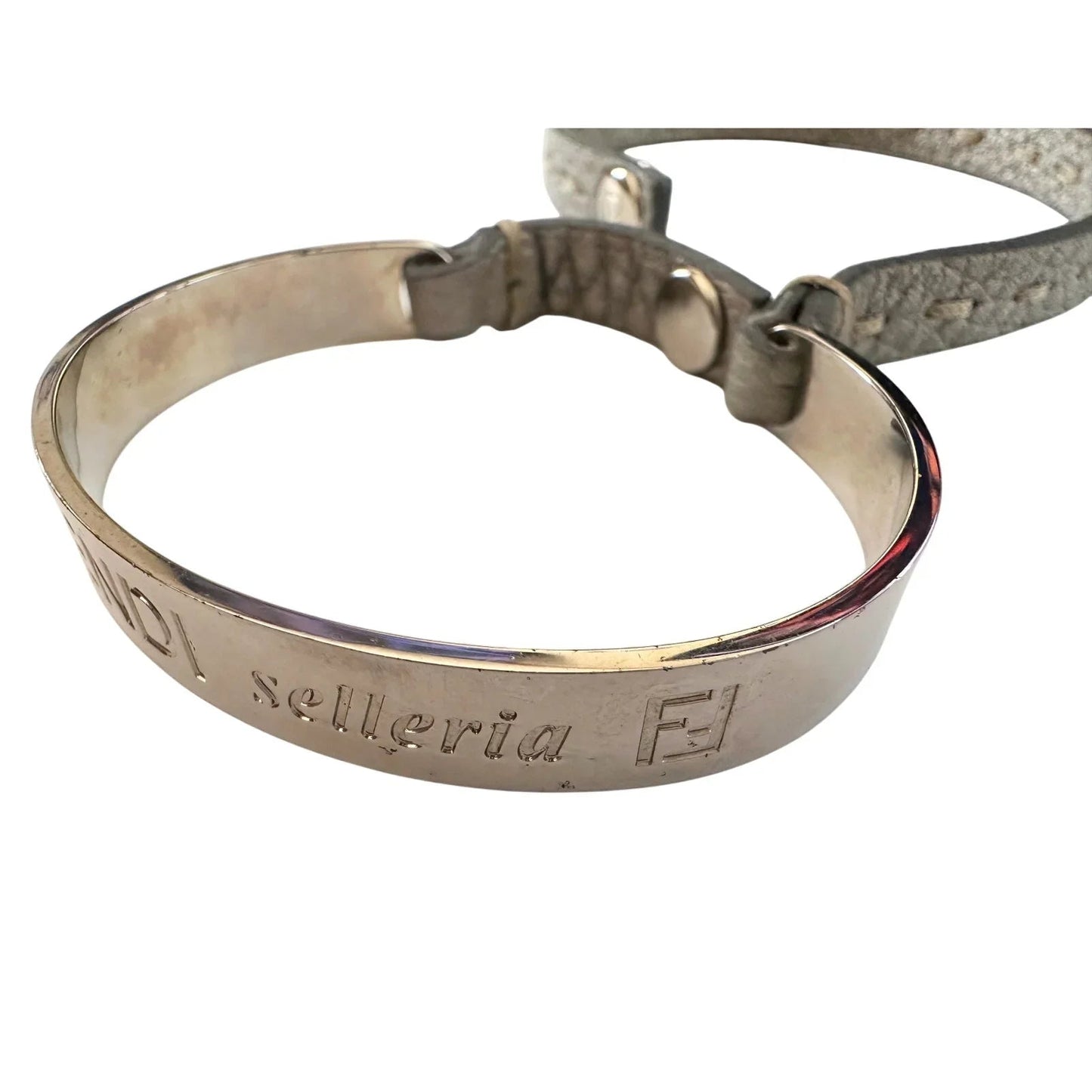 Fendi Selleria Silver Tone Metallic Cuff with Gray Leather Double Wrap Bracelet - Fendi - Bracelet - A+ Stuff