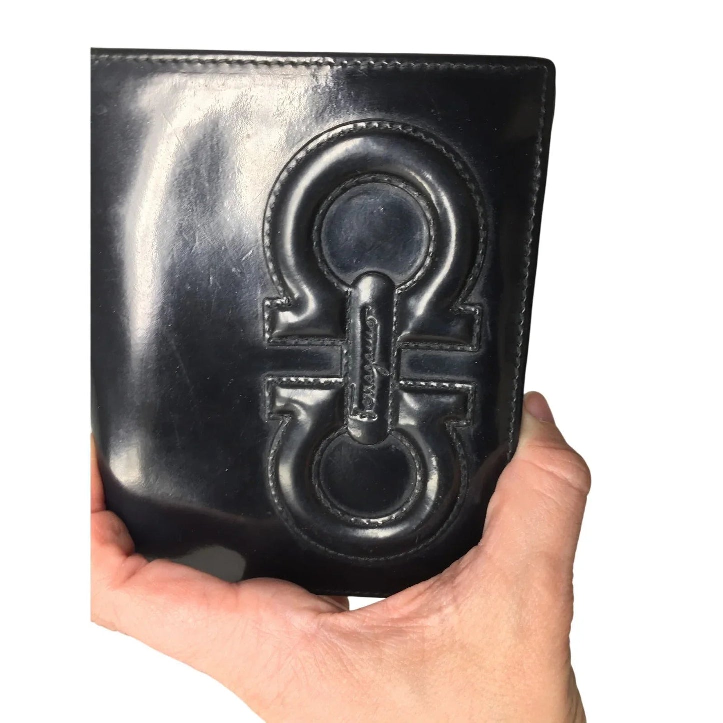 Ferragamo Bi - fold Wallet - Double Gancini Enamel Black - Salvatore Ferragamo - Wallet - A+ Stuff