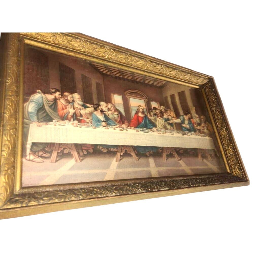 The Last Supper Antique Framed Christian Art. Intricate textured frame. 17" long  Jesus Christ and the Disciples