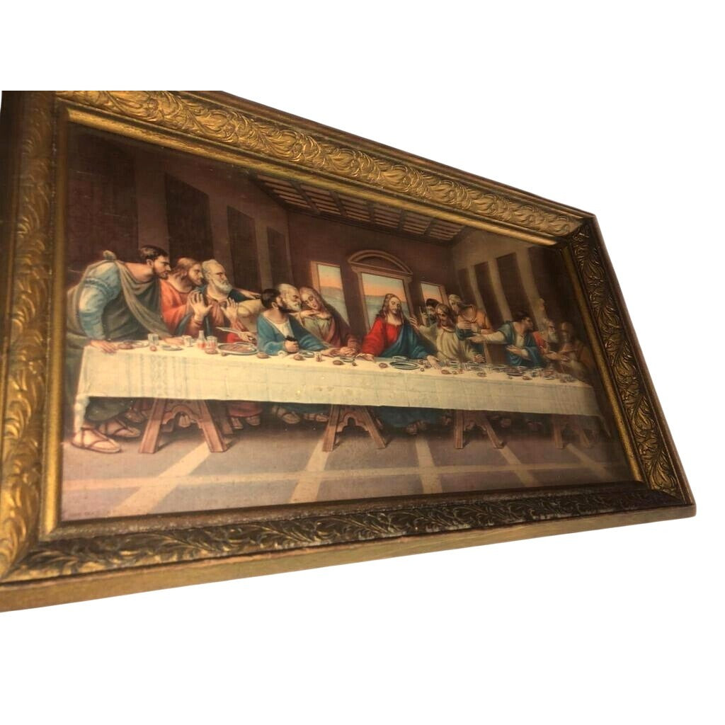 The Last Supper Antique Framed Christian Art. Intricate textured frame. 17" long  Jesus Christ and the Disciples