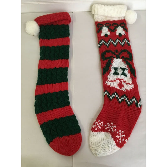 Two Knitted Christmas Holiday Stockings- Red, White, Green