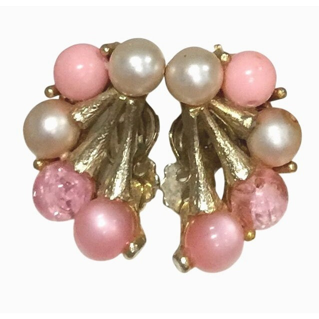 Vintage Mid Century Pink Faux Pearl Cluster Clip On Earrings Gold Tone Leaf Fan Retro Costume Jewelry 1950s 1960s Unsure  A+ Stuff Earrings