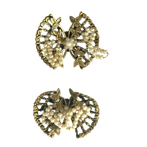 Vintage Mid-Century Matching Gold Tone Filigree Faux Pearl Twin Brooch Set