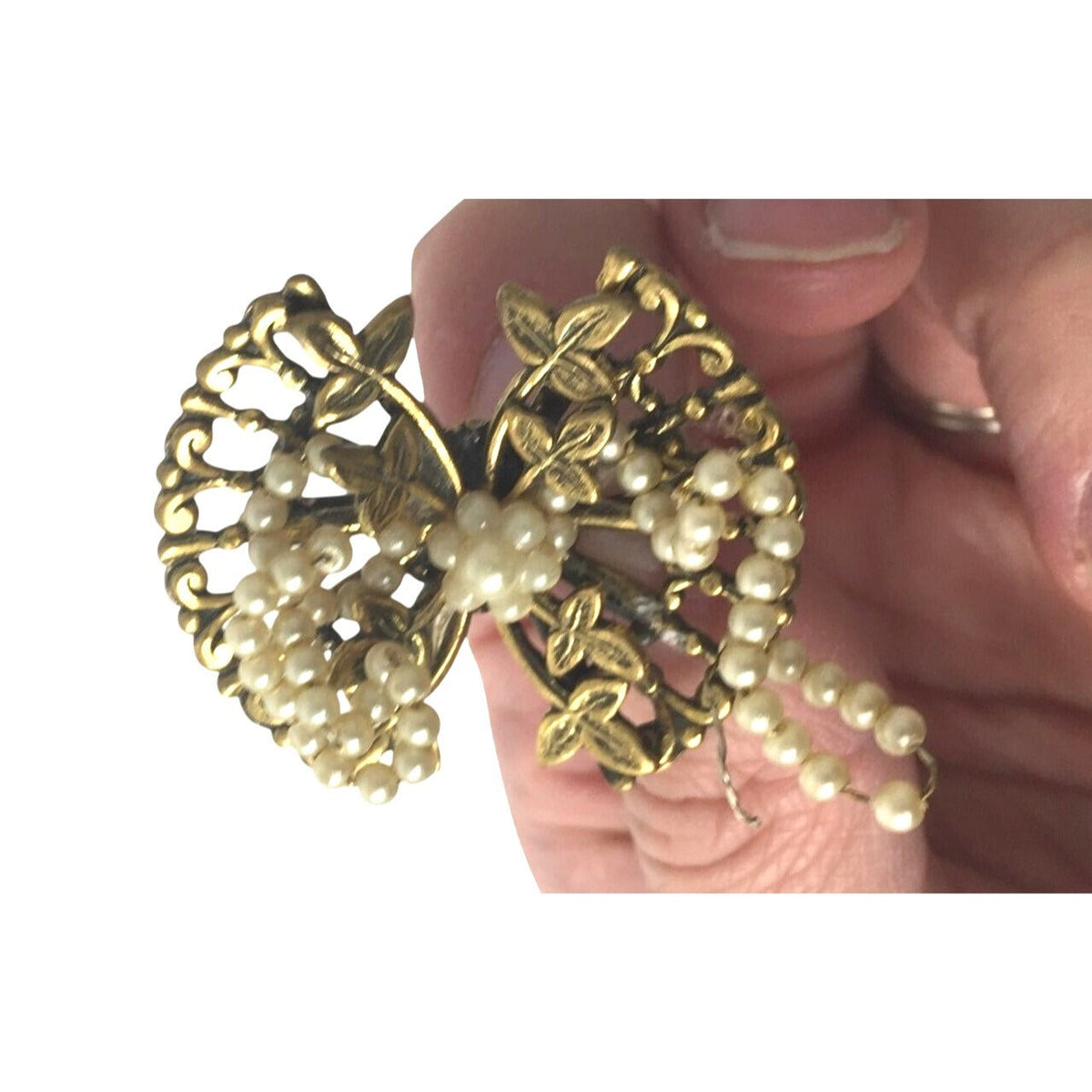 Vintage Mid-Century Matching Gold Tone Filigree Faux Pearl Twin Brooch Set A+ Stuff  A+ Stuff pin