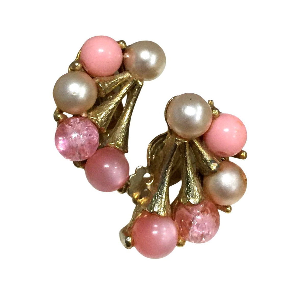 Vintage Mid Century Pink Faux Pearl Cluster Clip On Earrings Gold Tone Leaf Fan Retro Costume Jewelry 1950s 1960s Unsure  A+ Stuff Earrings