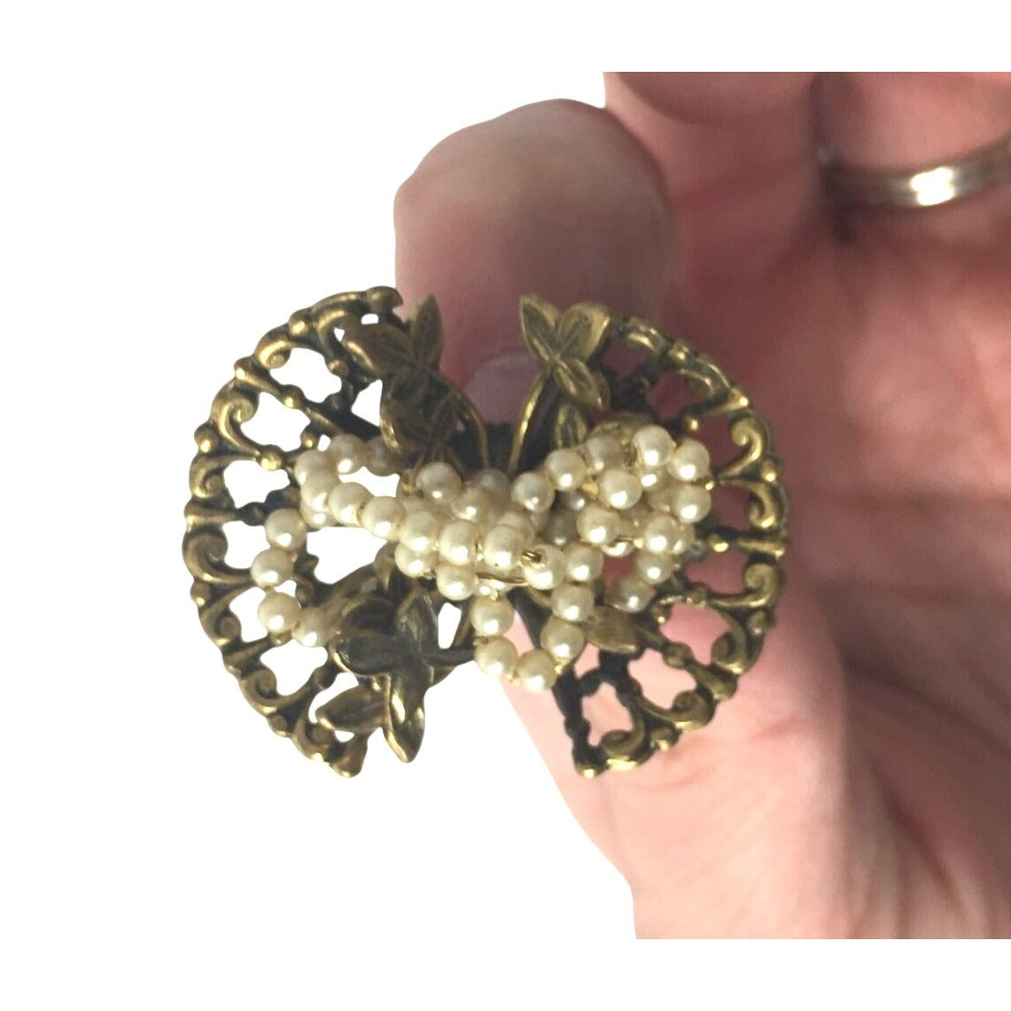 Vintage Mid-Century Matching Gold Tone Filigree Faux Pearl Twin Brooch Set A+ Stuff  A+ Stuff pin