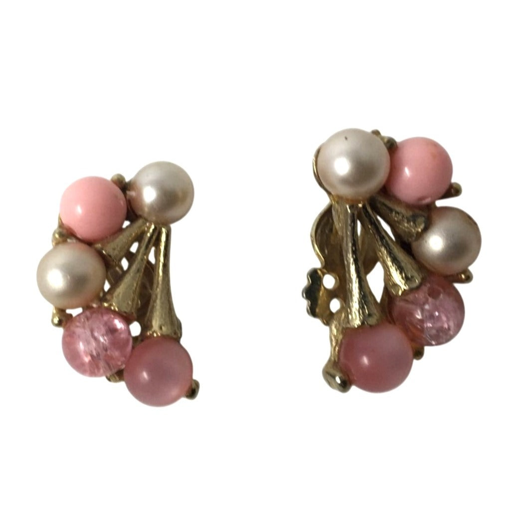 Vintage Mid Century Pink Faux Pearl Cluster Clip On Earrings Gold Tone Leaf Fan Retro Costume Jewelry 1950s 1960s Unsure  A+ Stuff Earrings