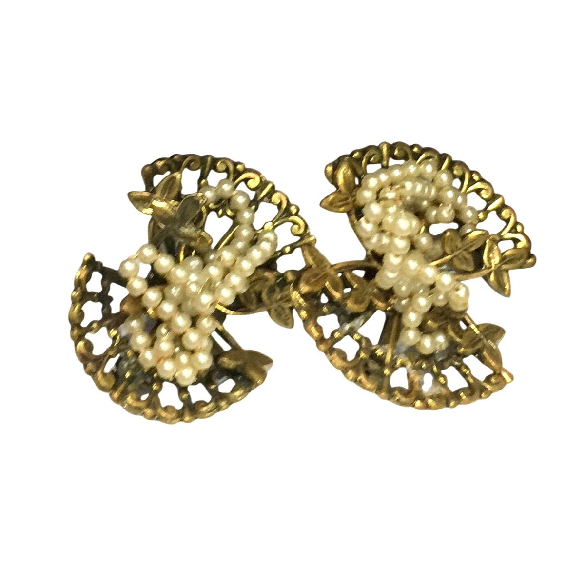 Vintage Mid-Century Matching Gold Tone Filigree Faux Pearl Twin Brooch Set A+ Stuff  A+ Stuff pin
