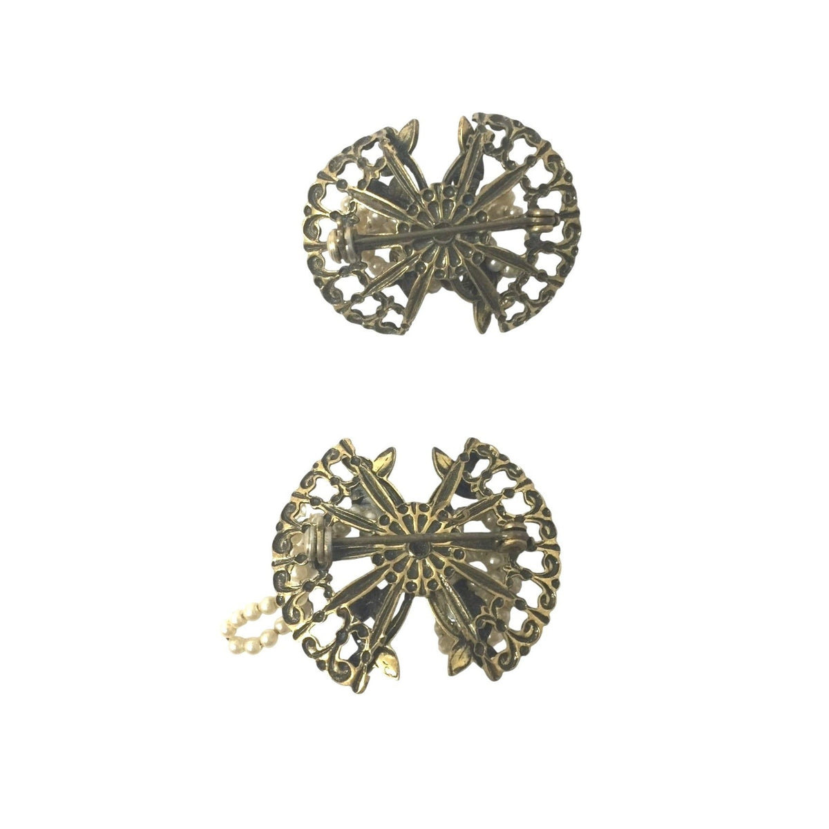 Vintage Mid-Century Matching Gold Tone Filigree Faux Pearl Twin Brooch Set A+ Stuff  A+ Stuff pin