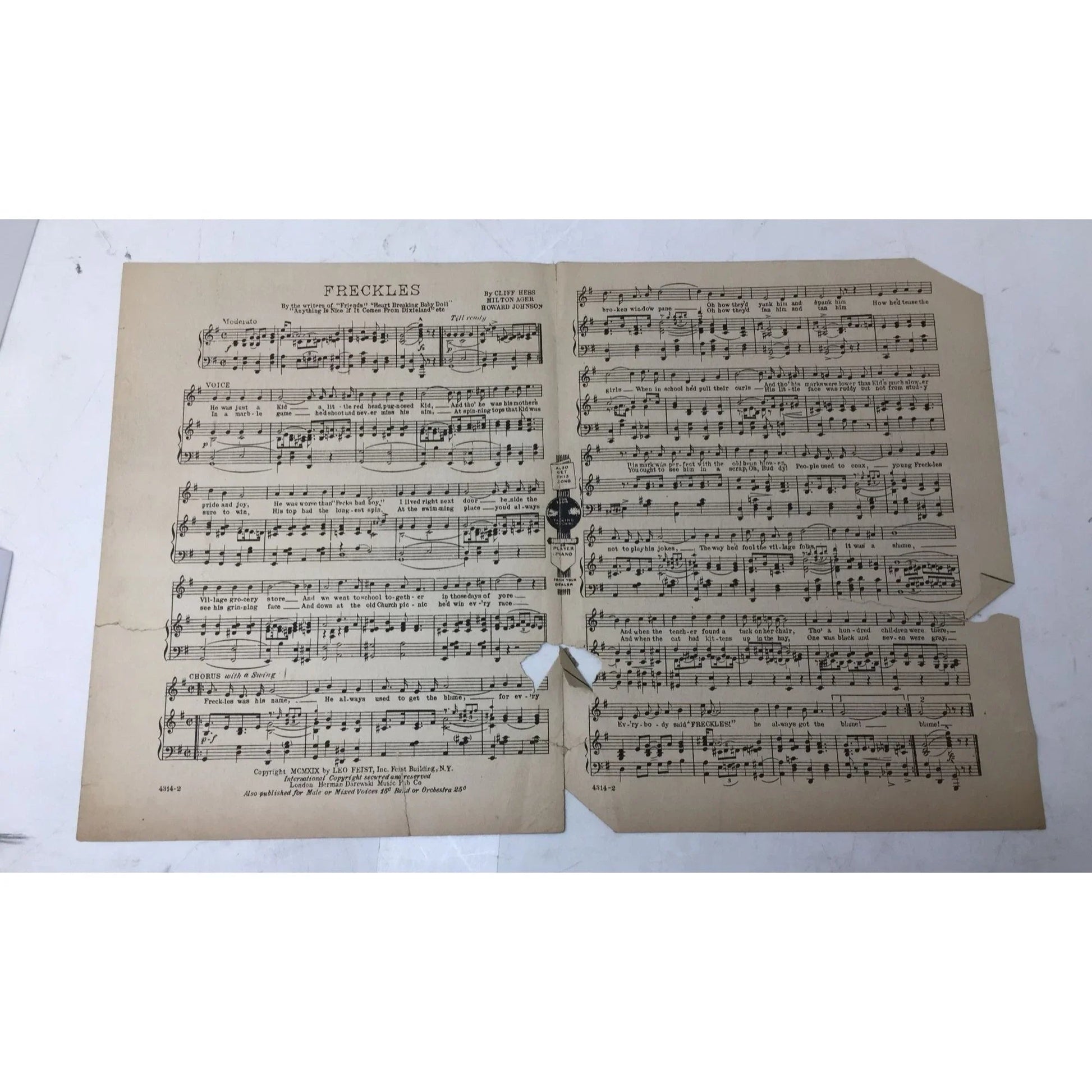 ''Freckles'' Words and music by Cliff Hess, Howard Johnson, and Milton Ager - A+ Stuff - sheet music - A+ Stuff