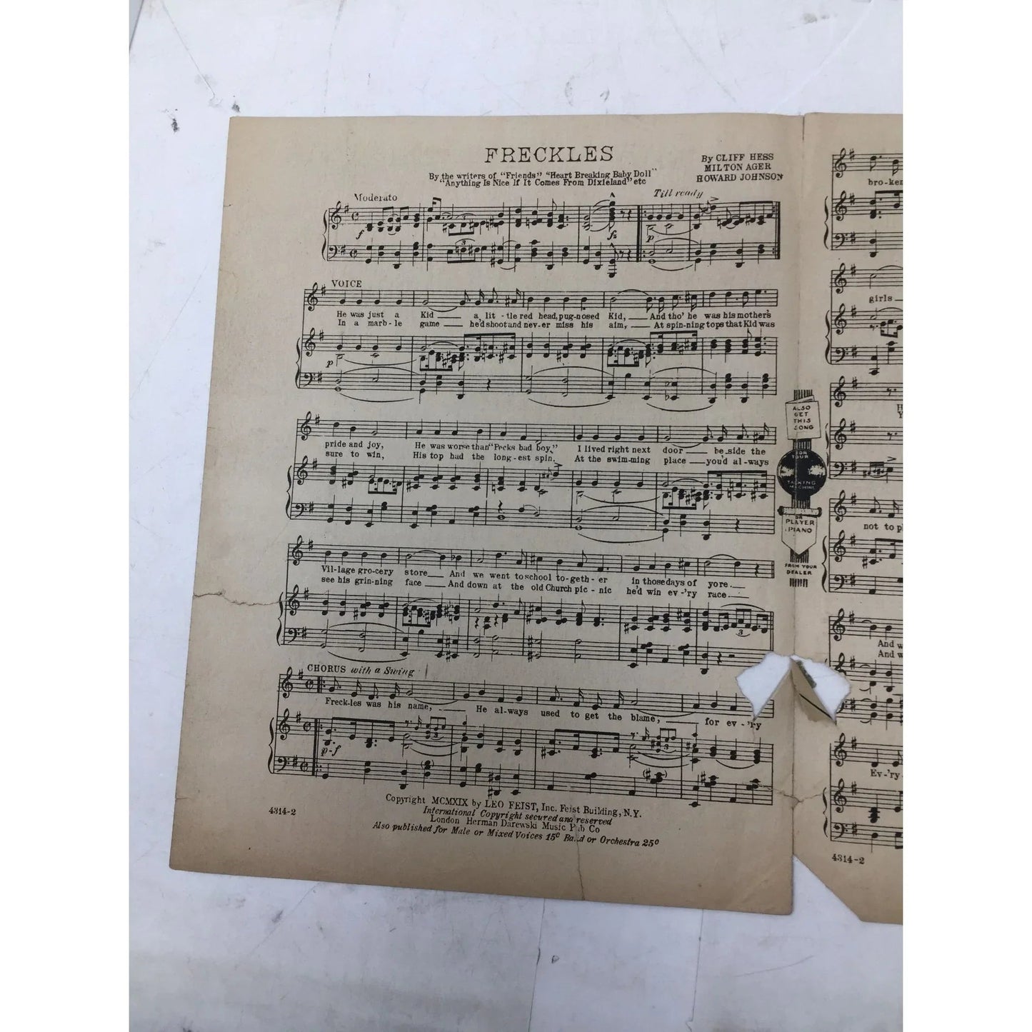 ''Freckles'' Words and music by Cliff Hess, Howard Johnson, and Milton Ager - A+ Stuff - sheet music - A+ Stuff