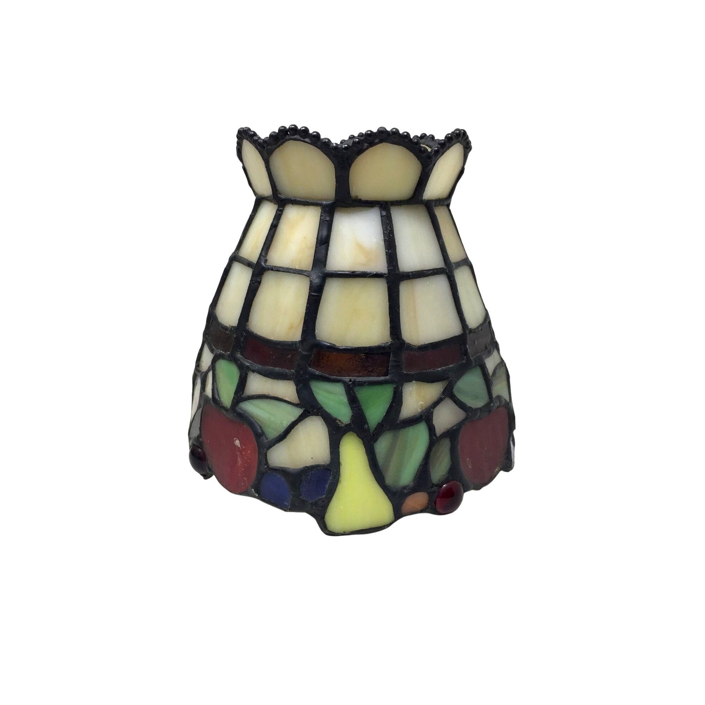Beautiful Stained Glass Lamp Shade with Scalloped Top Edge and Inlaid Fruit Design at Bottom
