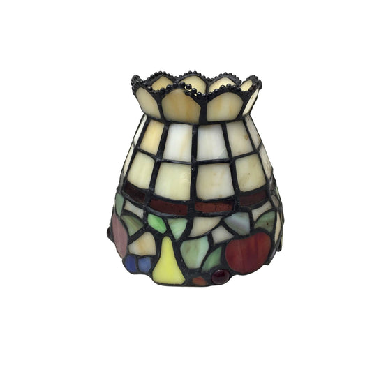 Beautiful Stained Glass Lamp Shade with Scalloped Top Edge and Inlaid Fruit Design at Bottom