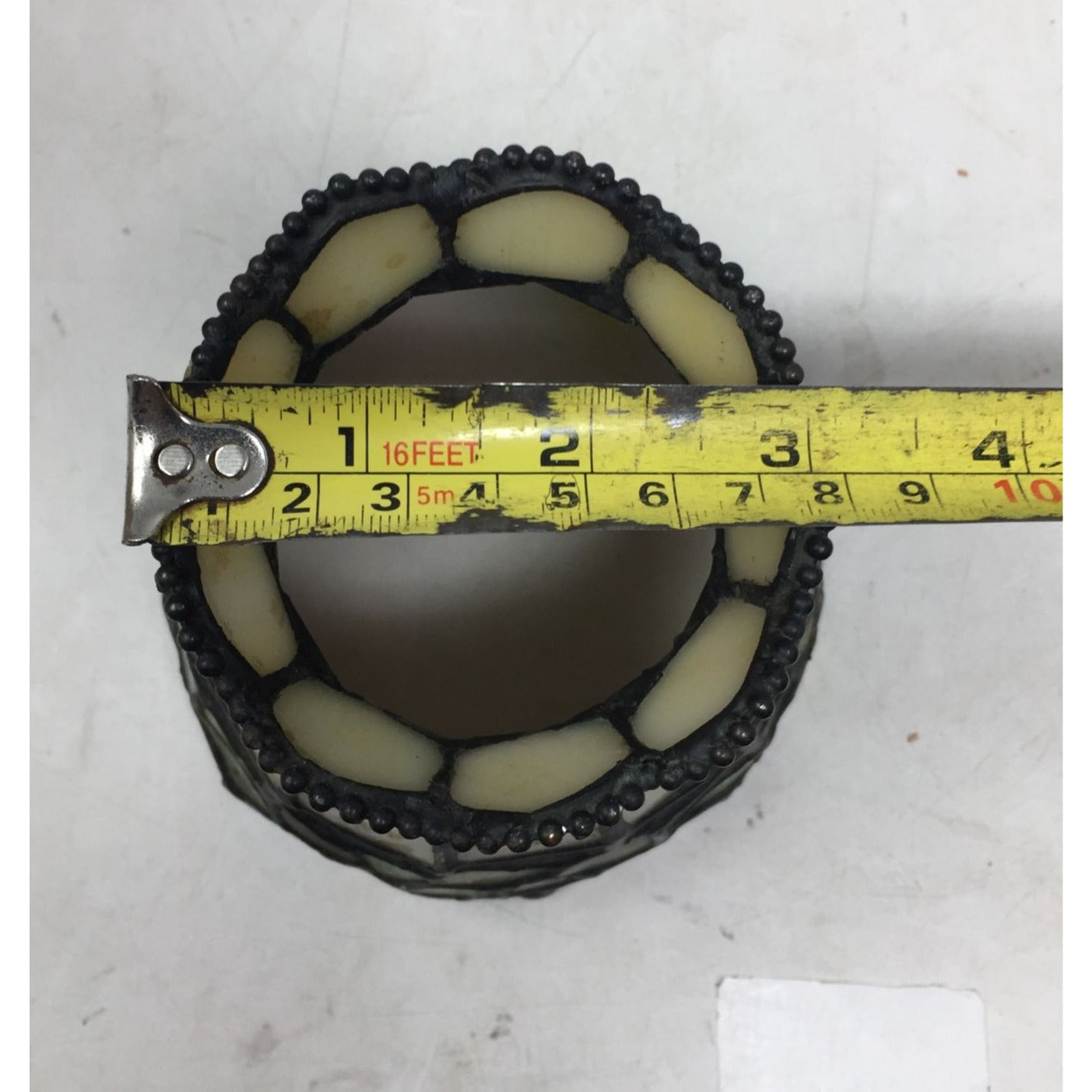 Beautiful Stained Glass Lamp Shade with Scalloped Top Edge and Inlaid Fruit Design at Bottom