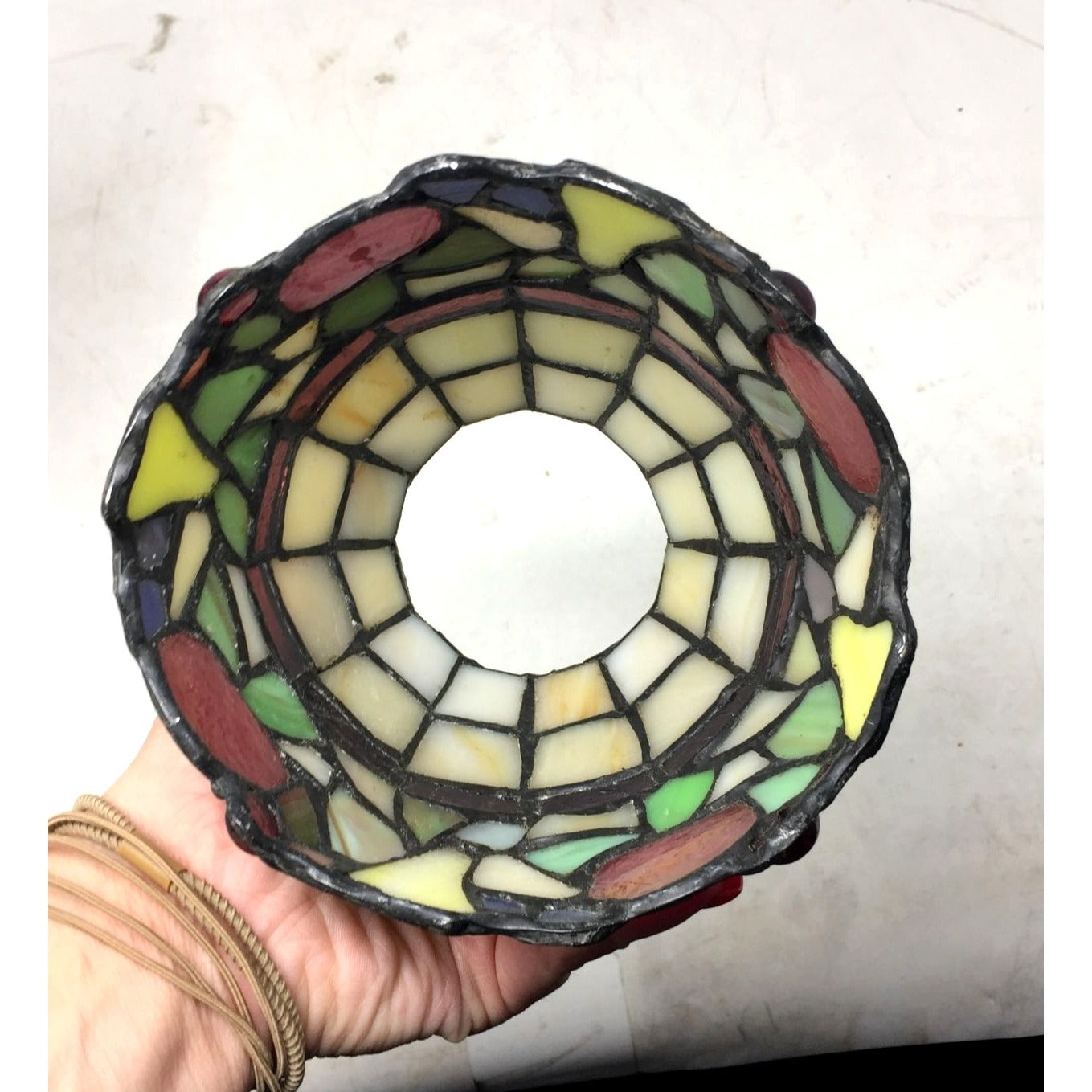 Beautiful Stained Glass Lamp Shade with Scalloped Top Edge and Inlaid Fruit Design at Bottom