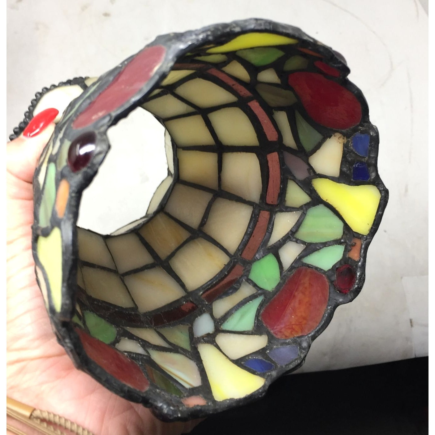Beautiful Stained Glass Lamp Shade with Scalloped Top Edge and Inlaid Fruit Design at Bottom