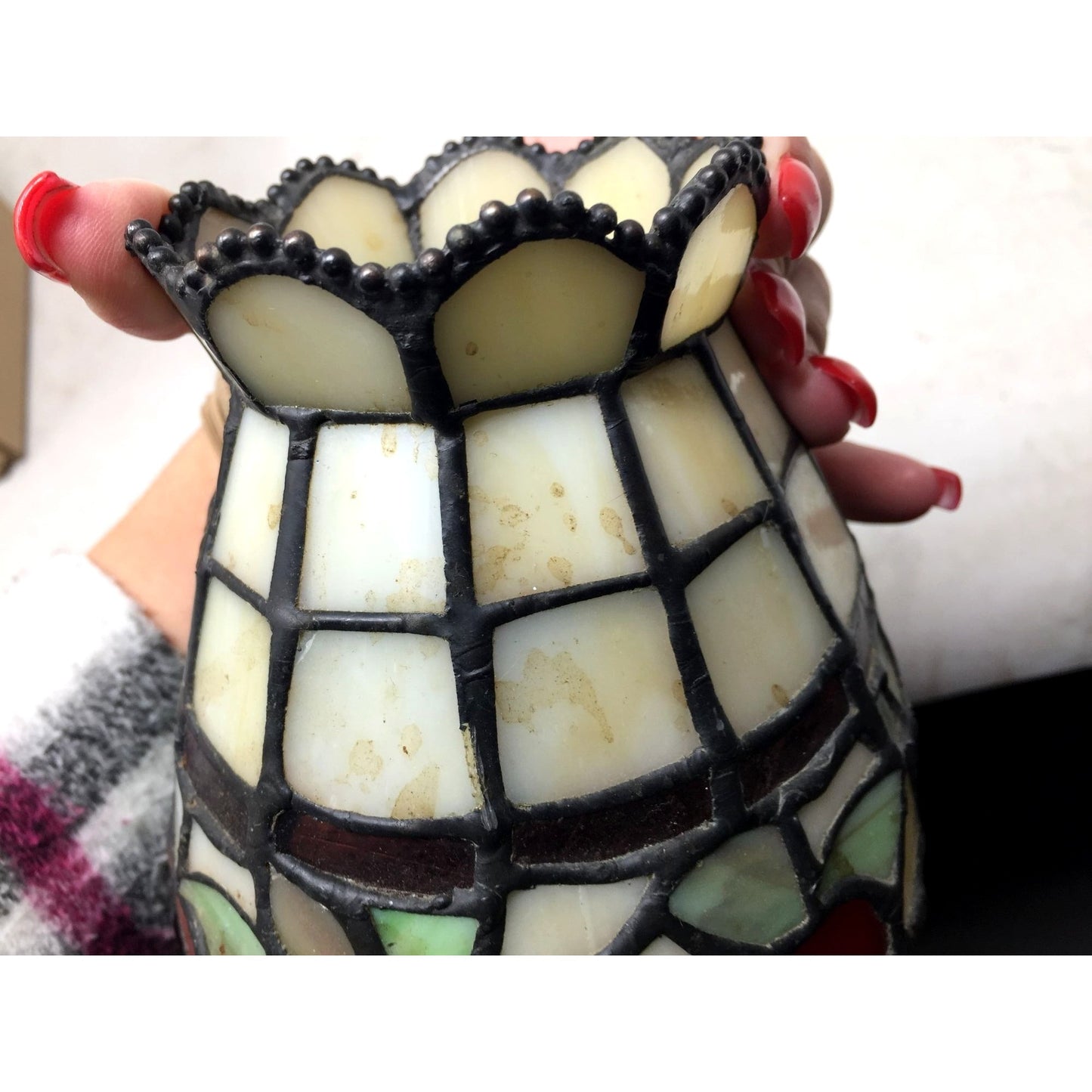 Beautiful Stained Glass Lamp Shade with Scalloped Top Edge and Inlaid Fruit Design at Bottom