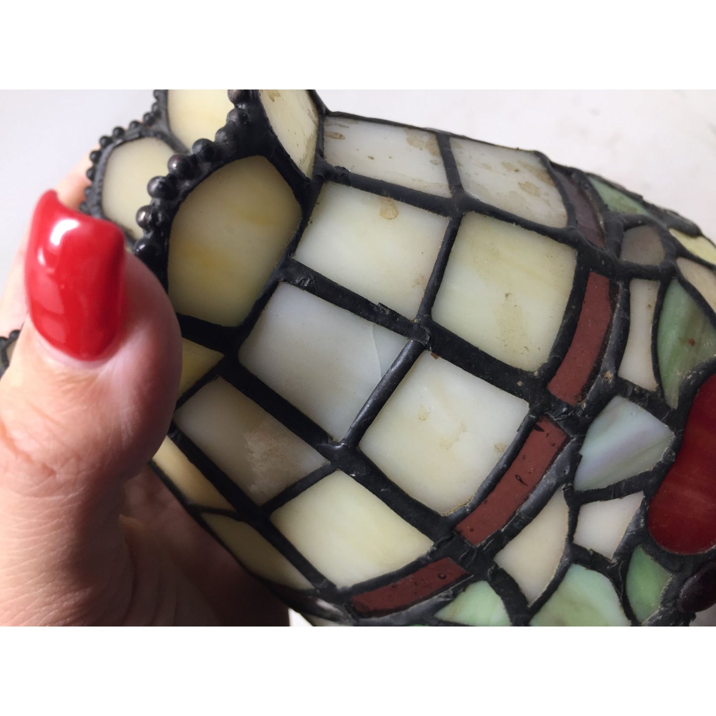 Beautiful Stained Glass Lamp Shade with Scalloped Top Edge and Inlaid Fruit Design at Bottom