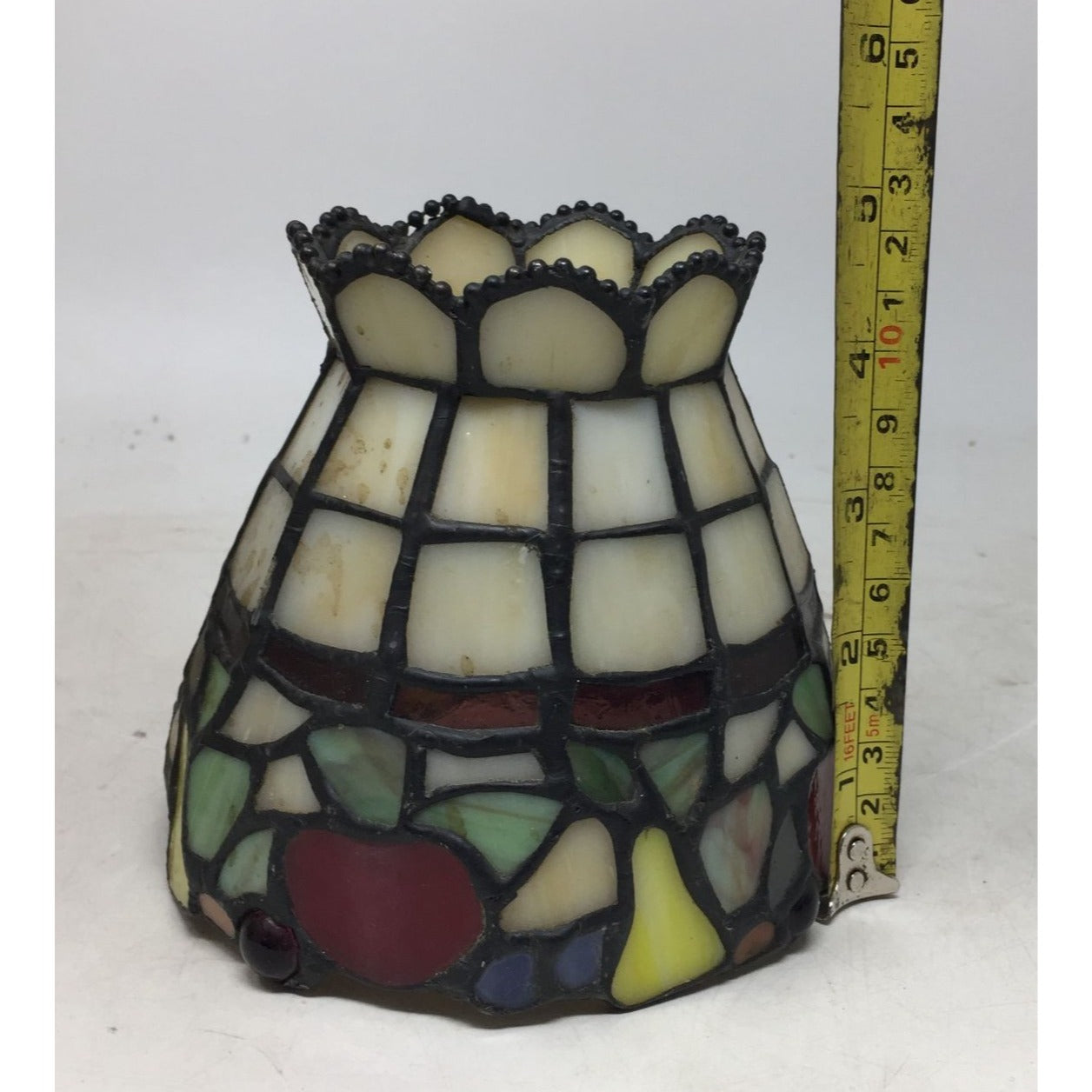 Beautiful Stained Glass Lamp Shade with Scalloped Top Edge and Inlaid Fruit Design at Bottom