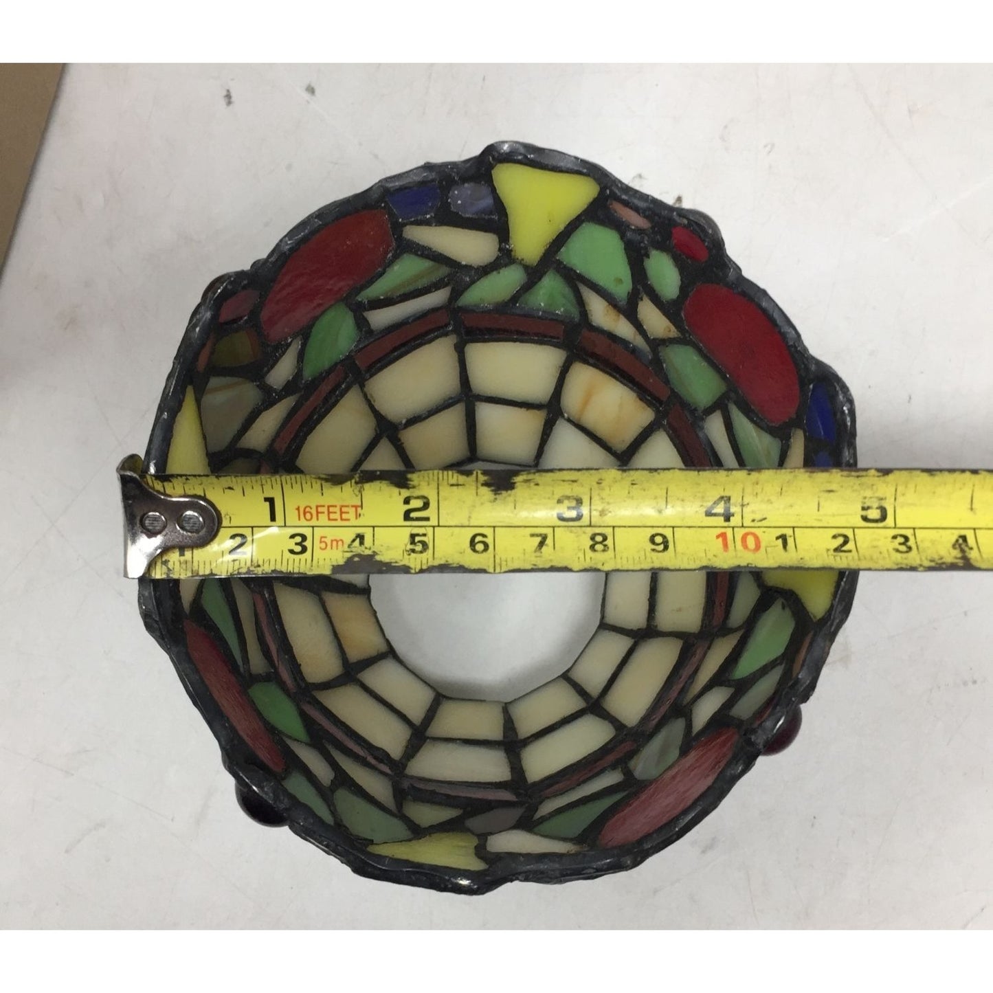 Beautiful Stained Glass Lamp Shade with Scalloped Top Edge and Inlaid Fruit Design at Bottom