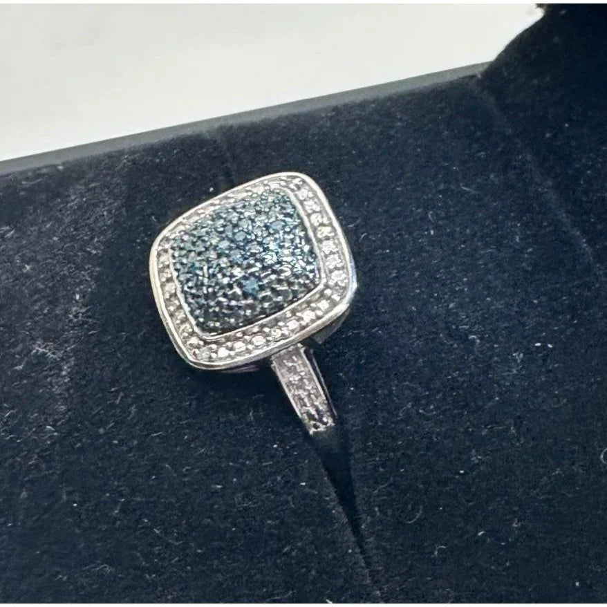 Genuine Cushion Cut Blue Diamond Ring Size 7 - Pretty with Natural Diamond Accent - A+ Stuff