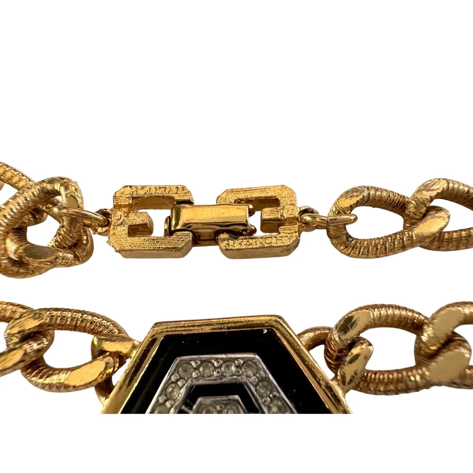 Givenchy Necklace with "G" in Hexagonal Pendant of Black Enamel and Rhinestones - Givenchy - A+ Stuff