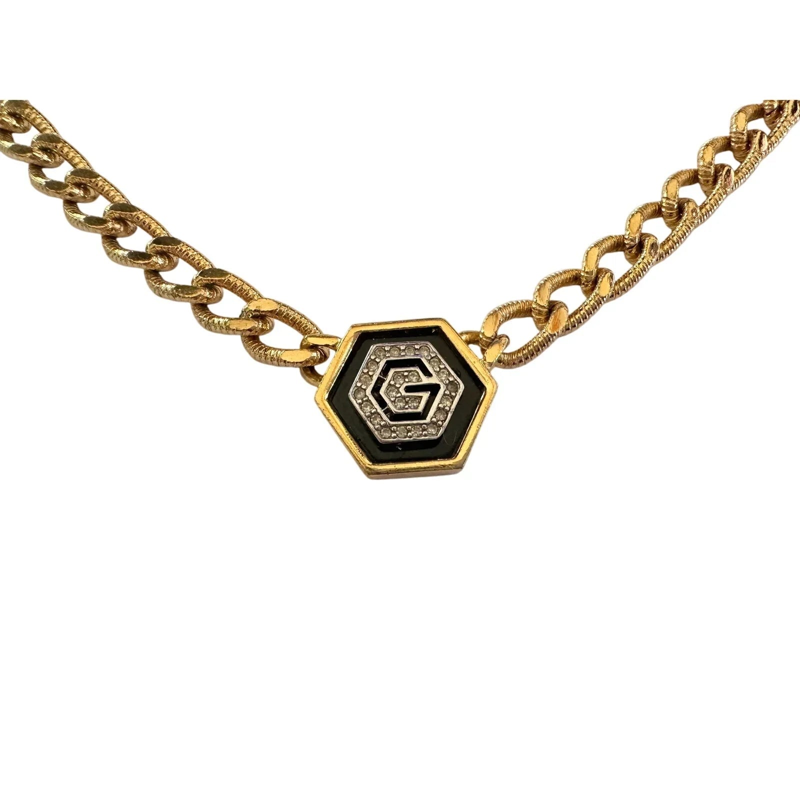 Givenchy Necklace with "G" in Hexagonal Pendant of Black Enamel and Rhinestones - Givenchy - A+ Stuff
