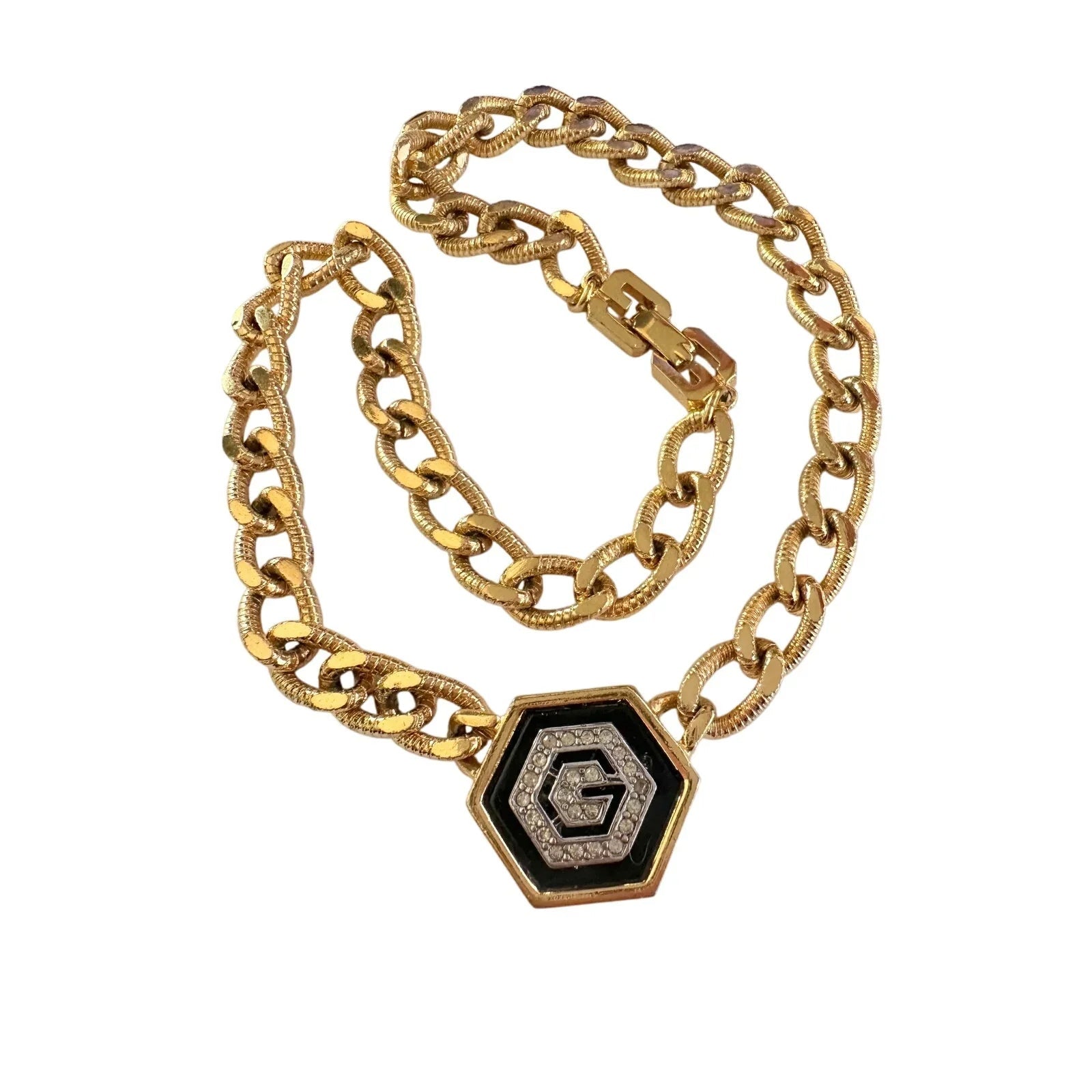 Givenchy Necklace with "G" in Hexagonal Pendant of Black Enamel and Rhinestones - Givenchy - A+ Stuff