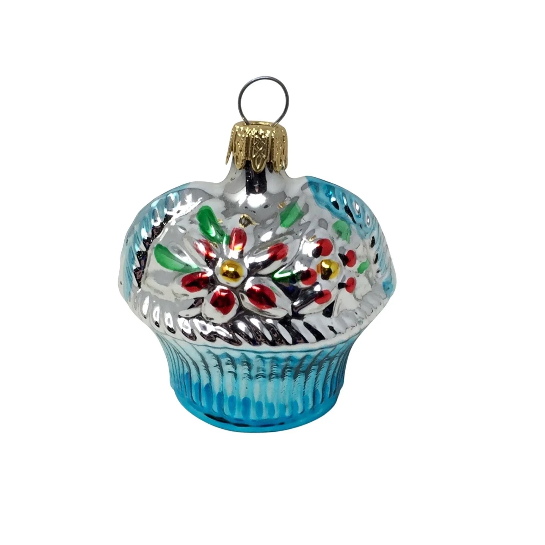 Glass Christmas Ornament Shaped Like a Floral Basket Blue w Red Flowers - Unbranded - Holiday Ornaments - A+ Stuff