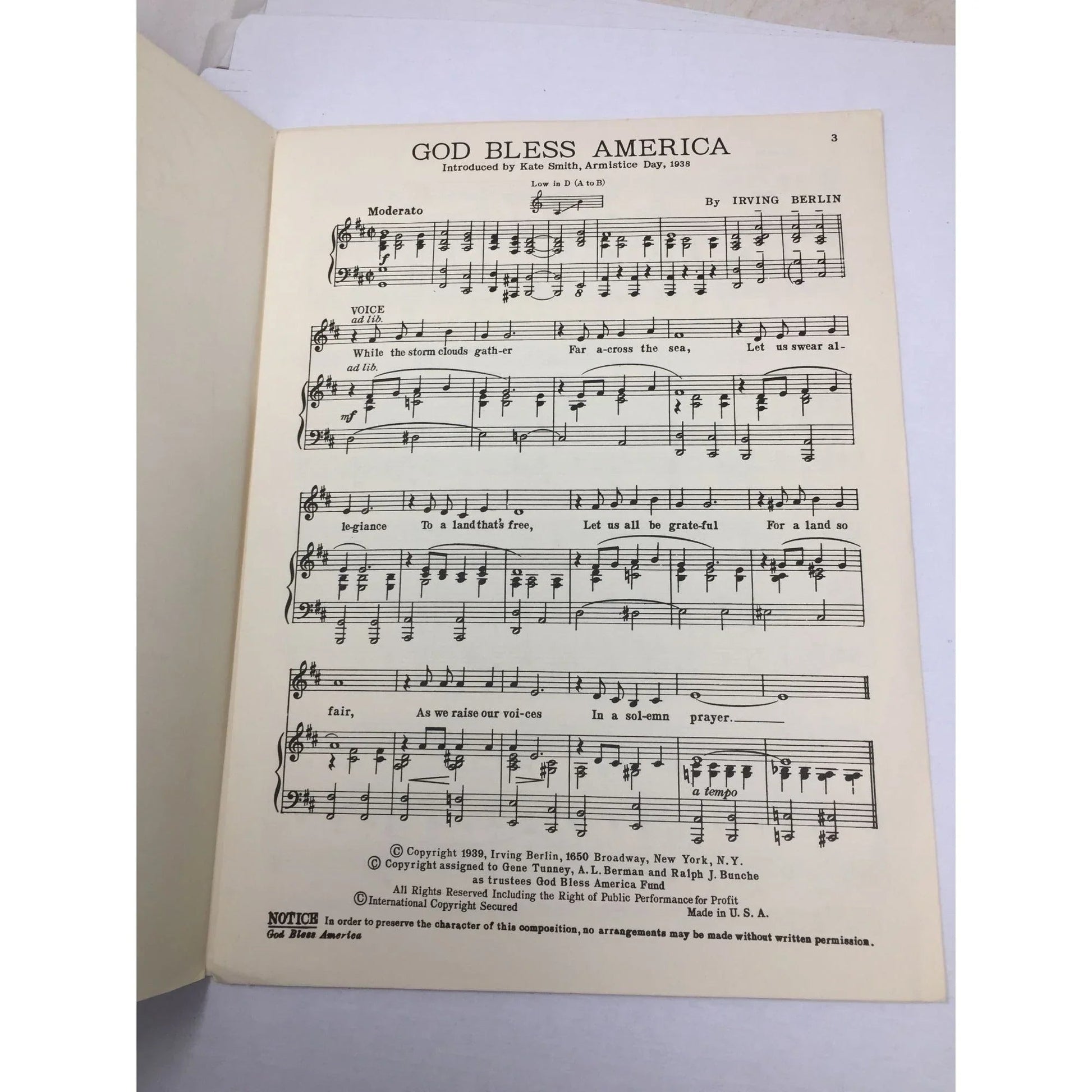 ''GOD BLESS AMERICA'' BY IRVING BERLIN - A+ Stuff - SHEET MUSIC - A+ Stuff