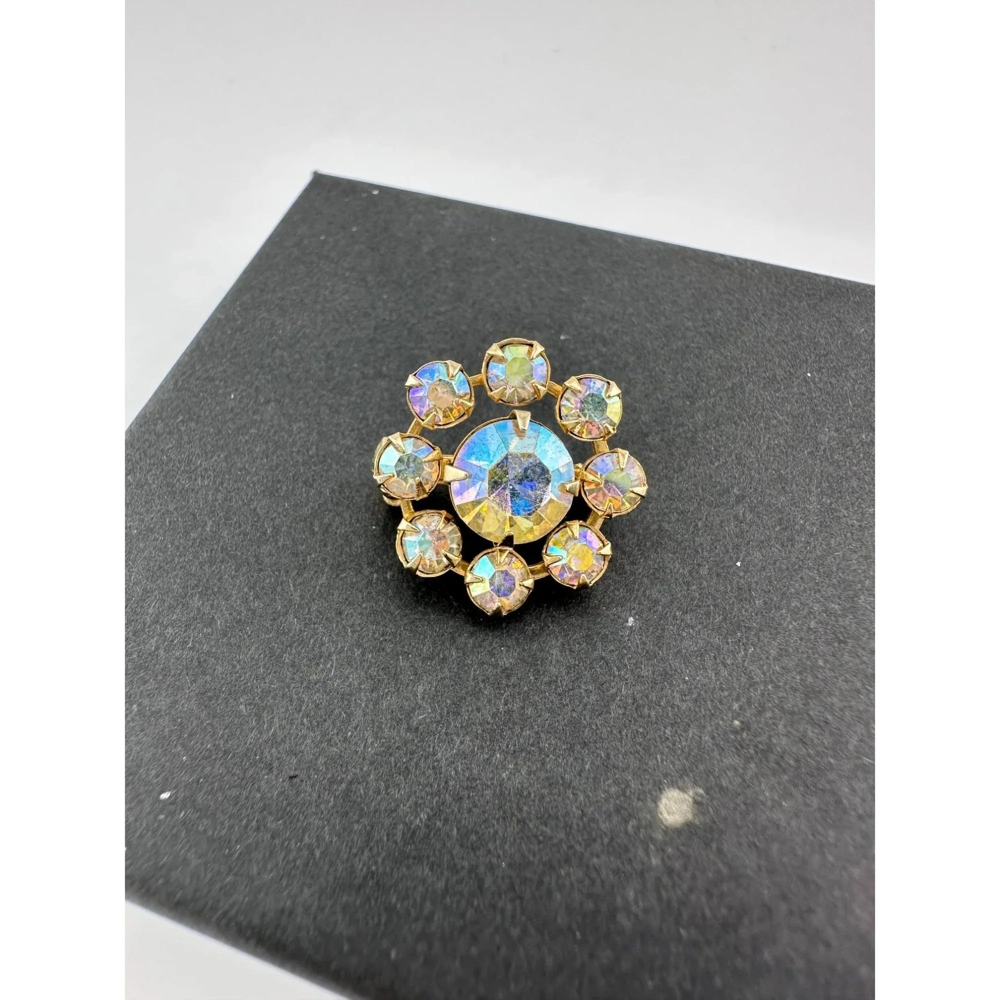 Gold Tone Flower Shaped Aurora Borealis Rhinestone Pin - Vintage Costume Jewelry - A+ Stuff - Costume Jewelry - A+ Stuff