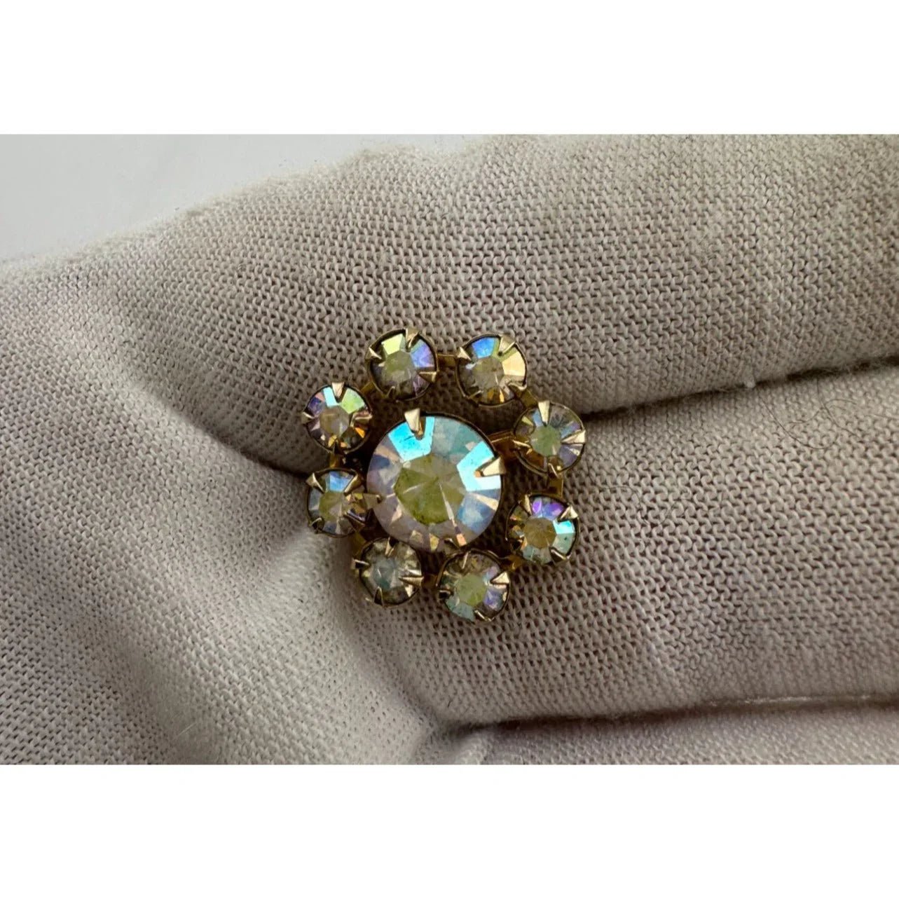Gold Tone Flower Shaped Aurora Borealis Rhinestone Pin - Vintage Costume Jewelry - A+ Stuff - Costume Jewelry - A+ Stuff