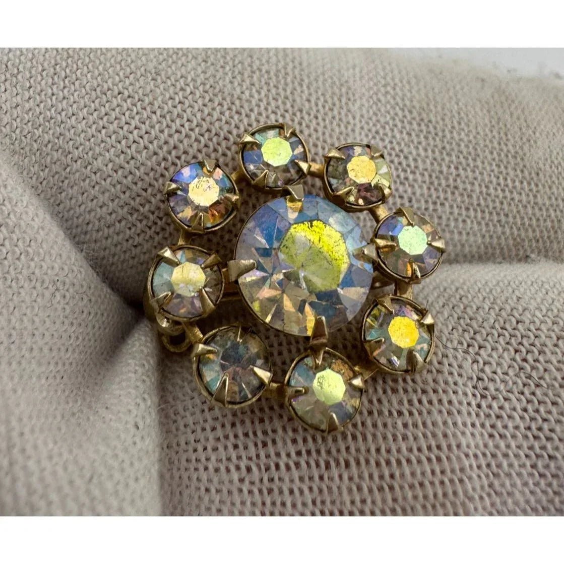 Gold Tone Flower Shaped Aurora Borealis Rhinestone Pin - Vintage Costume Jewelry - A+ Stuff - Costume Jewelry - A+ Stuff