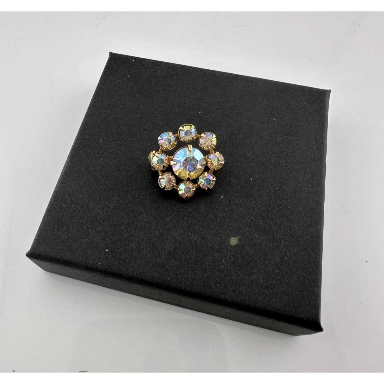 Gold Tone Flower Shaped Aurora Borealis Rhinestone Pin - Vintage Costume Jewelry - A+ Stuff - Costume Jewelry - A+ Stuff