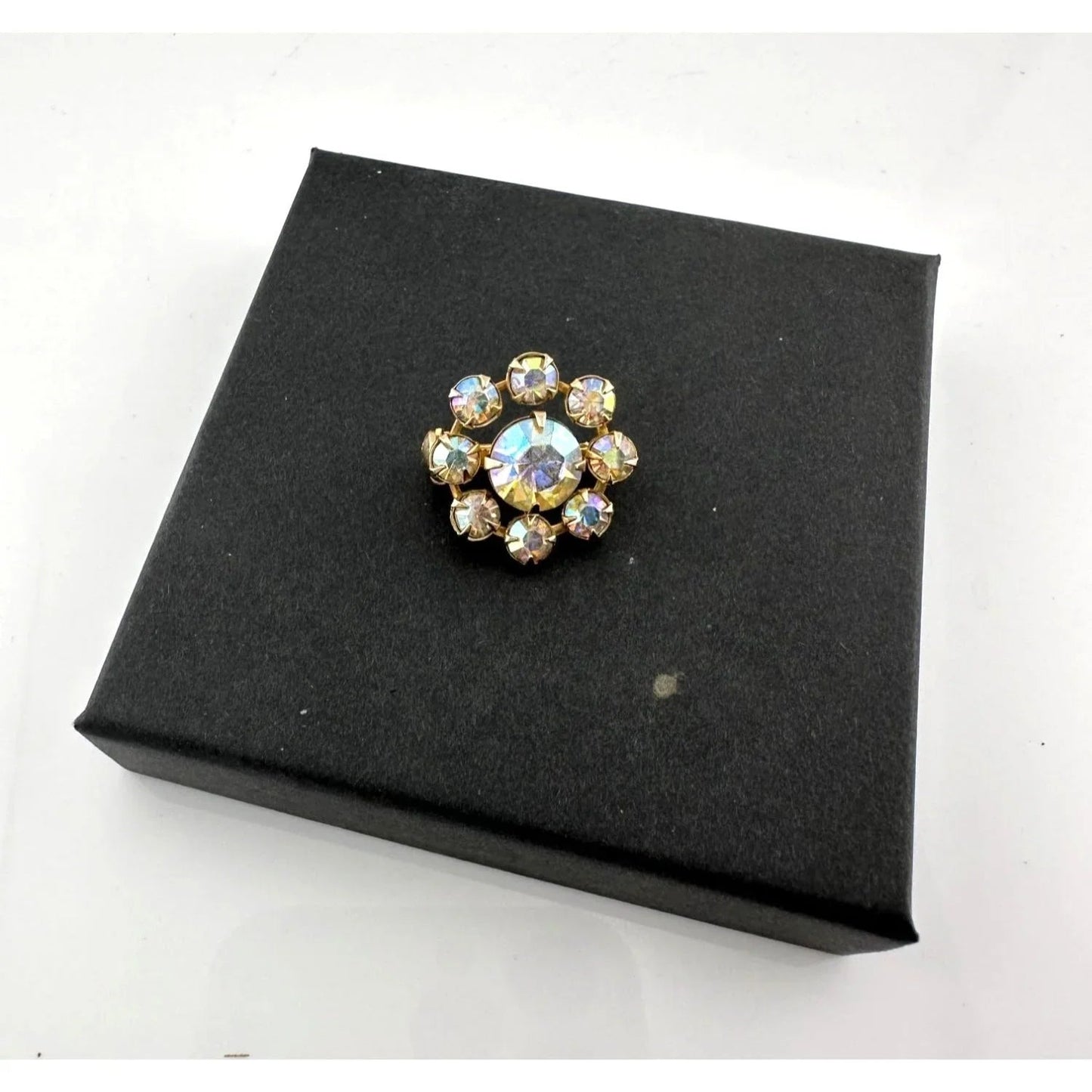 Gold Tone Flower Shaped Aurora Borealis Rhinestone Pin - Vintage Costume Jewelry - A+ Stuff - Costume Jewelry - A+ Stuff