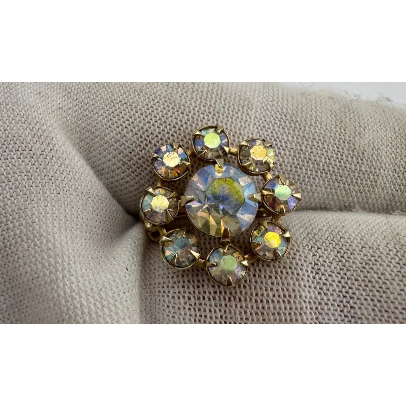 Gold Tone Flower Shaped Aurora Borealis Rhinestone Pin - Vintage Costume Jewelry - A+ Stuff - Costume Jewelry - A+ Stuff