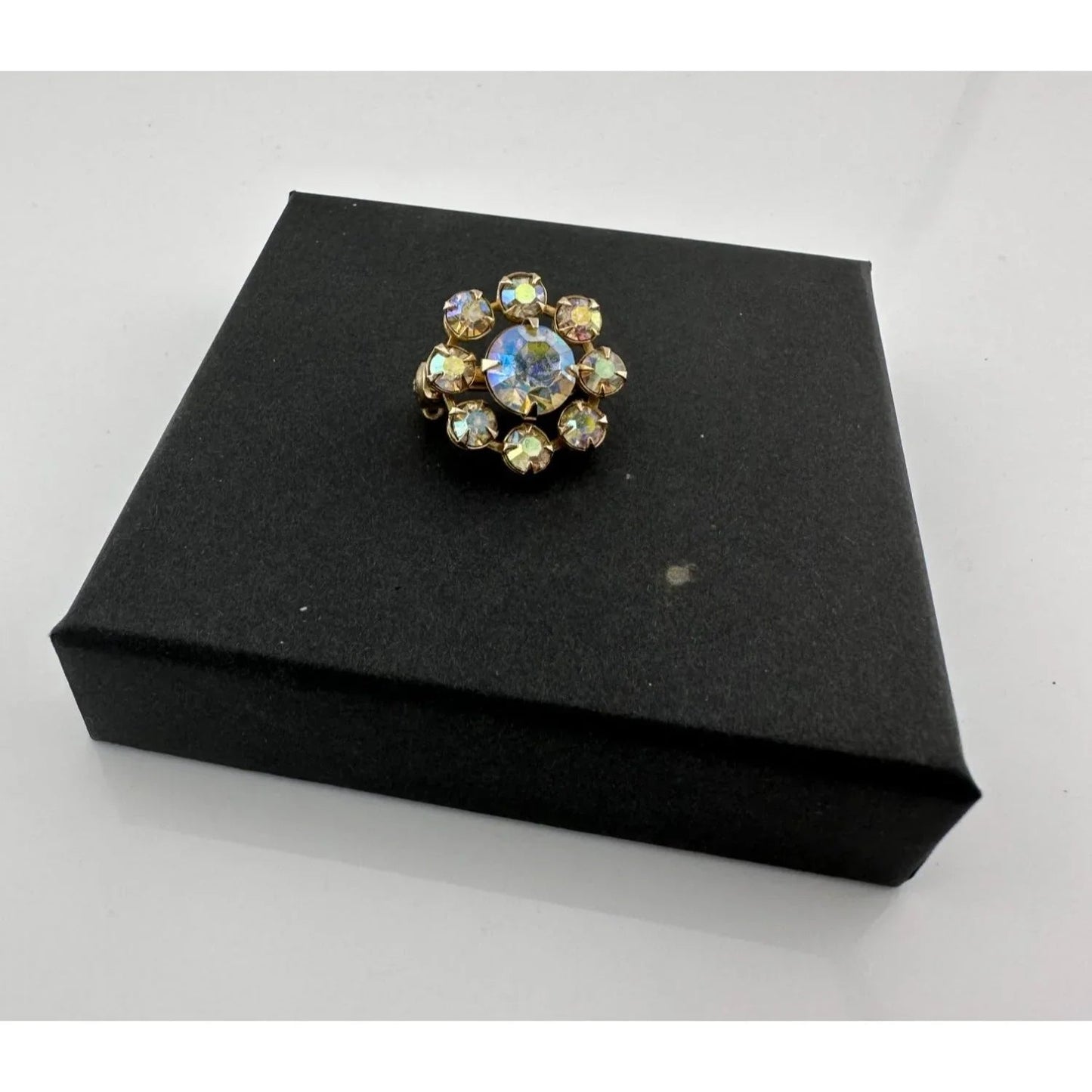 Gold Tone Flower Shaped Aurora Borealis Rhinestone Pin - Vintage Costume Jewelry - A+ Stuff - Costume Jewelry - A+ Stuff