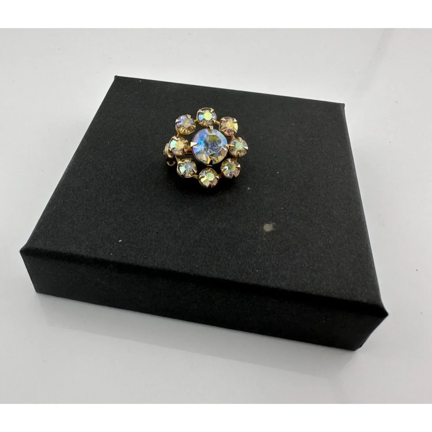 Gold Tone Flower Shaped Aurora Borealis Rhinestone Pin - Vintage Costume Jewelry - A+ Stuff - Costume Jewelry - A+ Stuff
