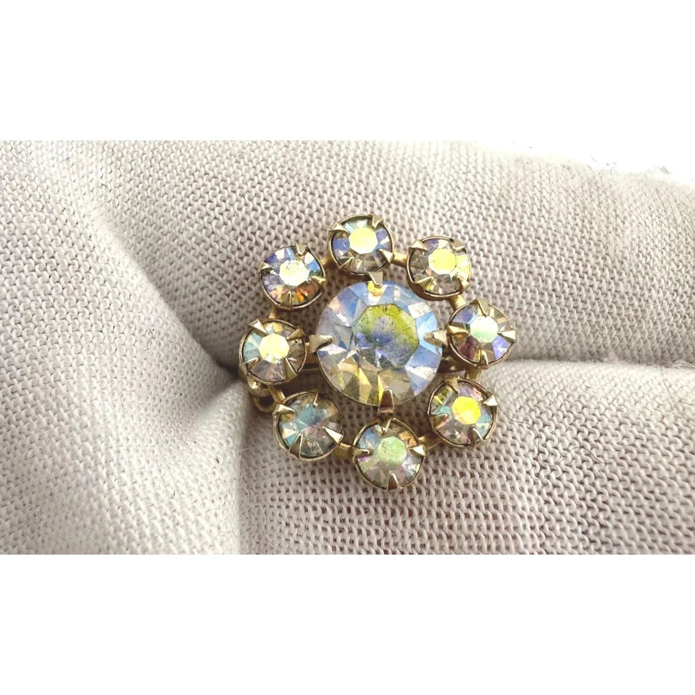 Gold Tone Flower Shaped Aurora Borealis Rhinestone Pin - Vintage Costume Jewelry - A+ Stuff - Costume Jewelry - A+ Stuff
