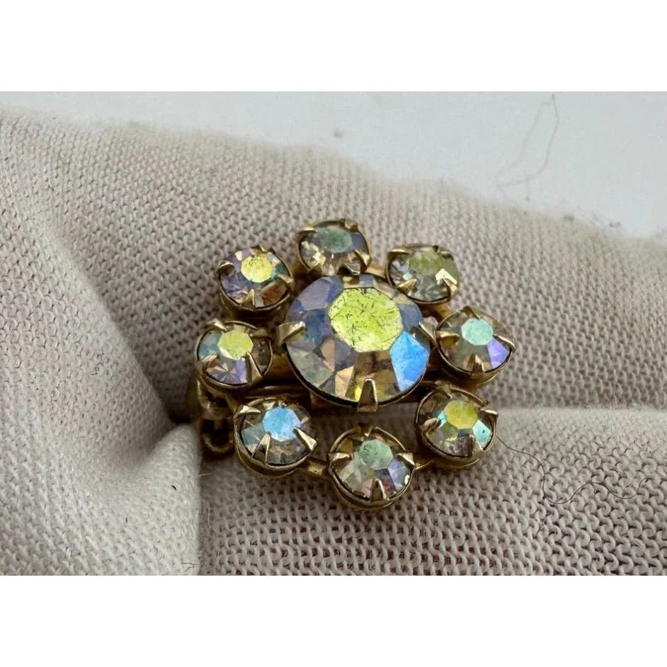 Gold Tone Flower Shaped Aurora Borealis Rhinestone Pin - Vintage Costume Jewelry - A+ Stuff - Costume Jewelry - A+ Stuff