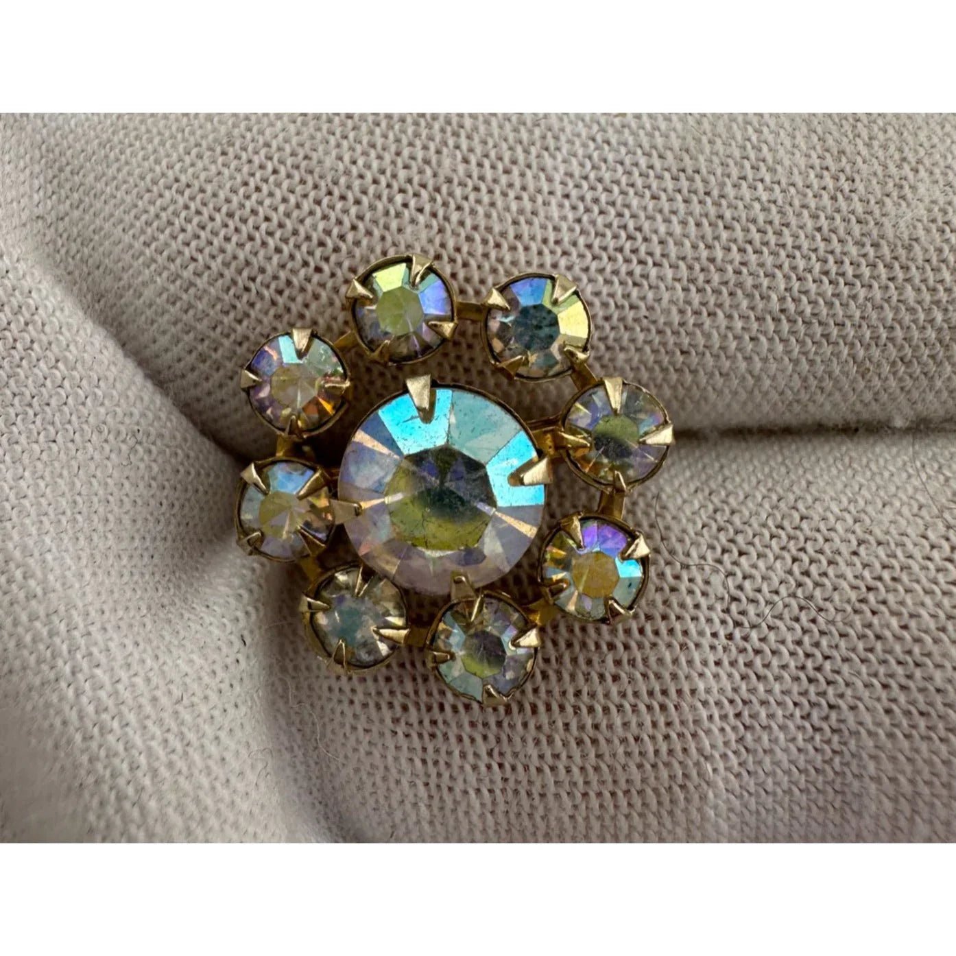Gold Tone Flower Shaped Aurora Borealis Rhinestone Pin - Vintage Costume Jewelry - A+ Stuff - Costume Jewelry - A+ Stuff